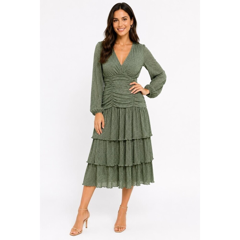 ASTR THE LABEL Midi Dress  M Sage Green Floral V-Neck Ruched Tiered